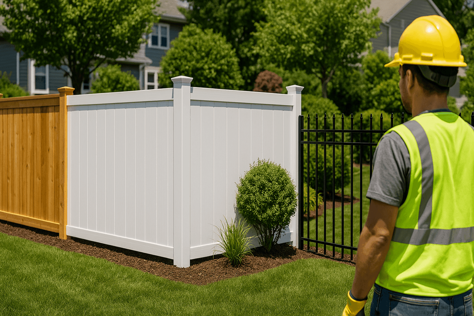 Various residential fences including wood, vinyl, and wrought iron styles in a suburban backyard