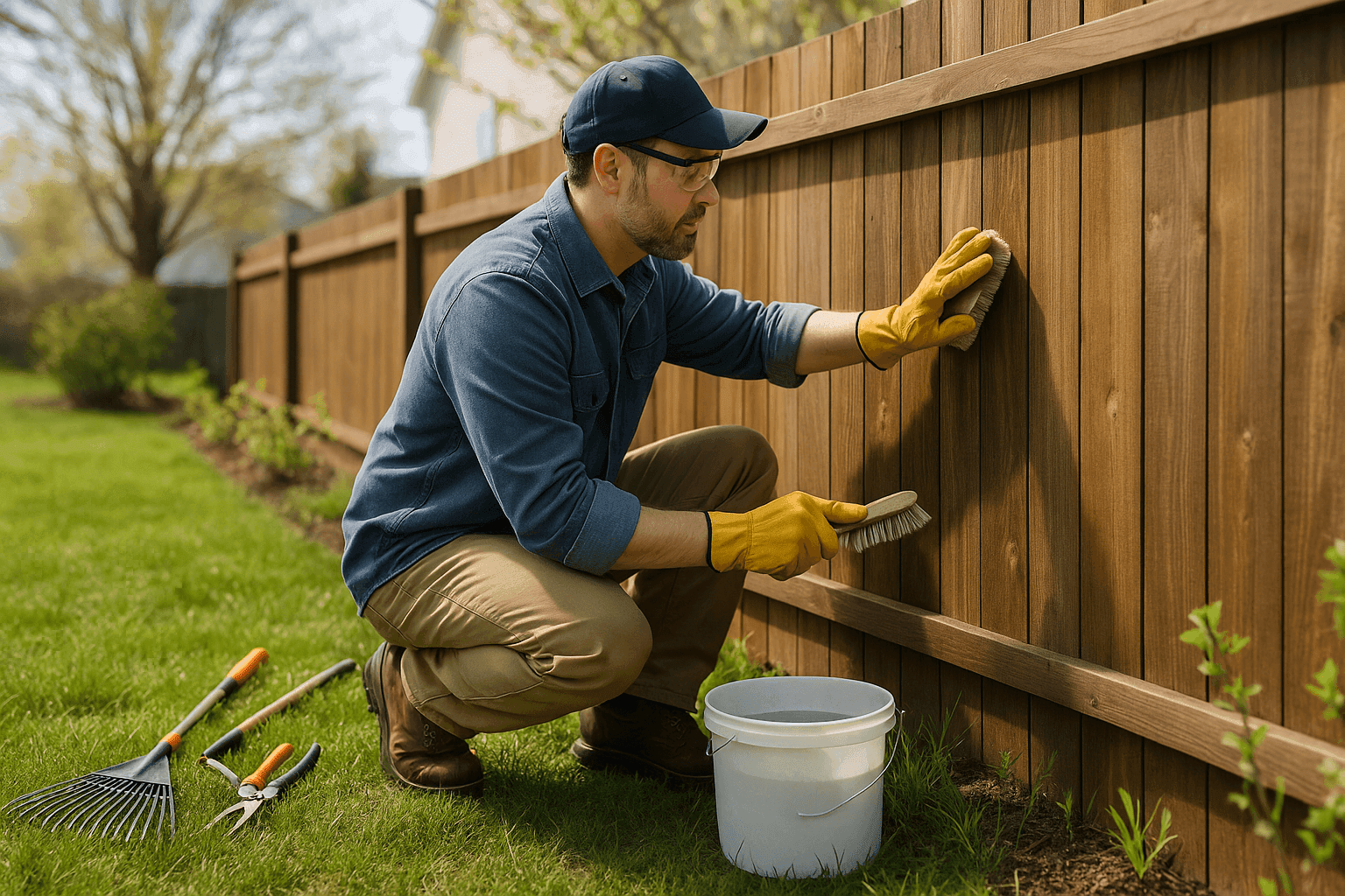 Homeowner inspecting and cleaning a backyard fence with tools and safety gear during spring